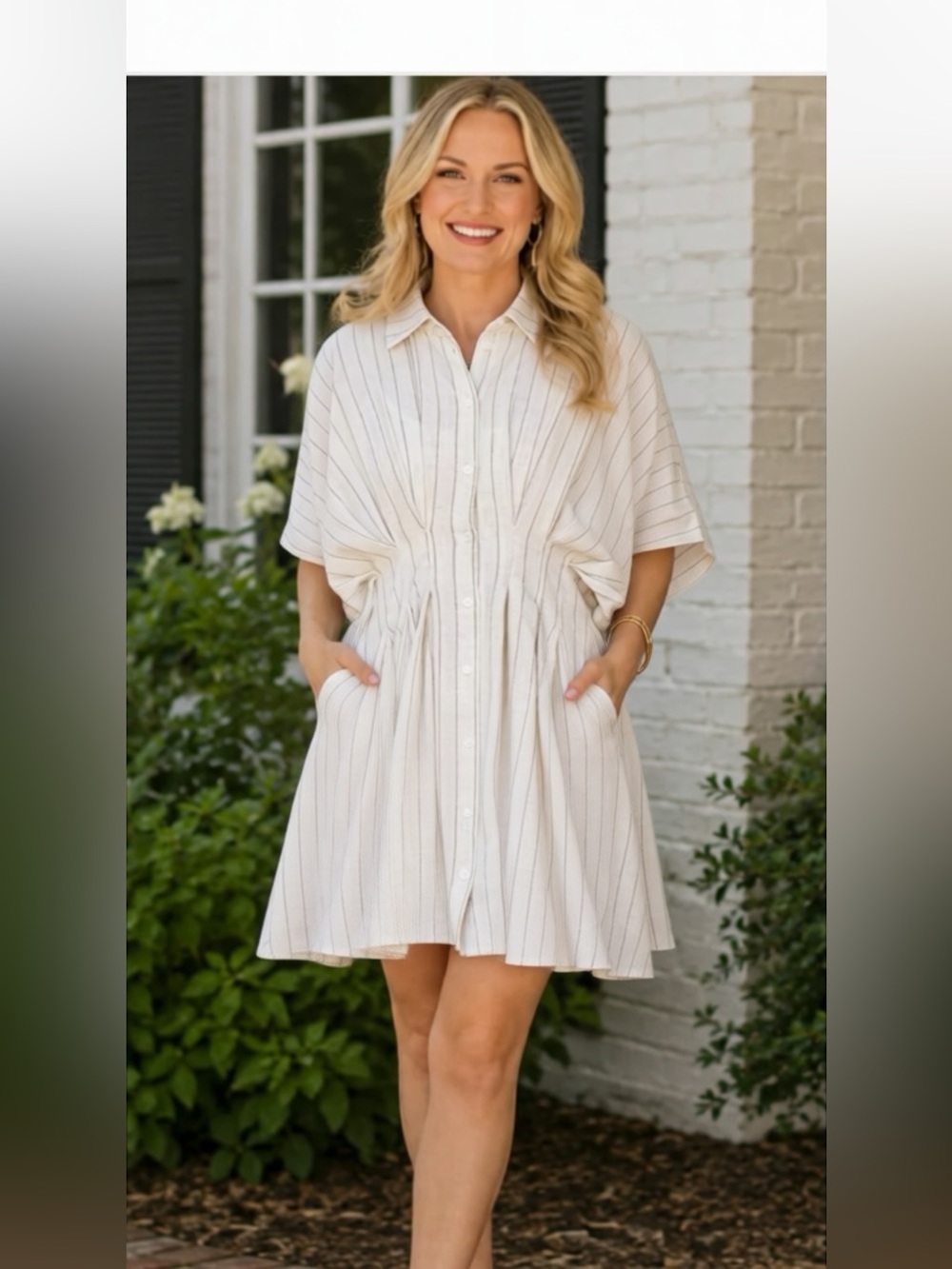 Women's Natural Striped Button-Front Shirt Dress